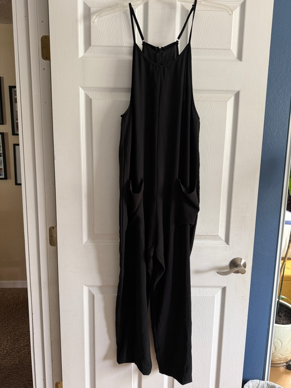 Black Women's Jumpsuit, 2 pockets, adjustable straps, zips in back